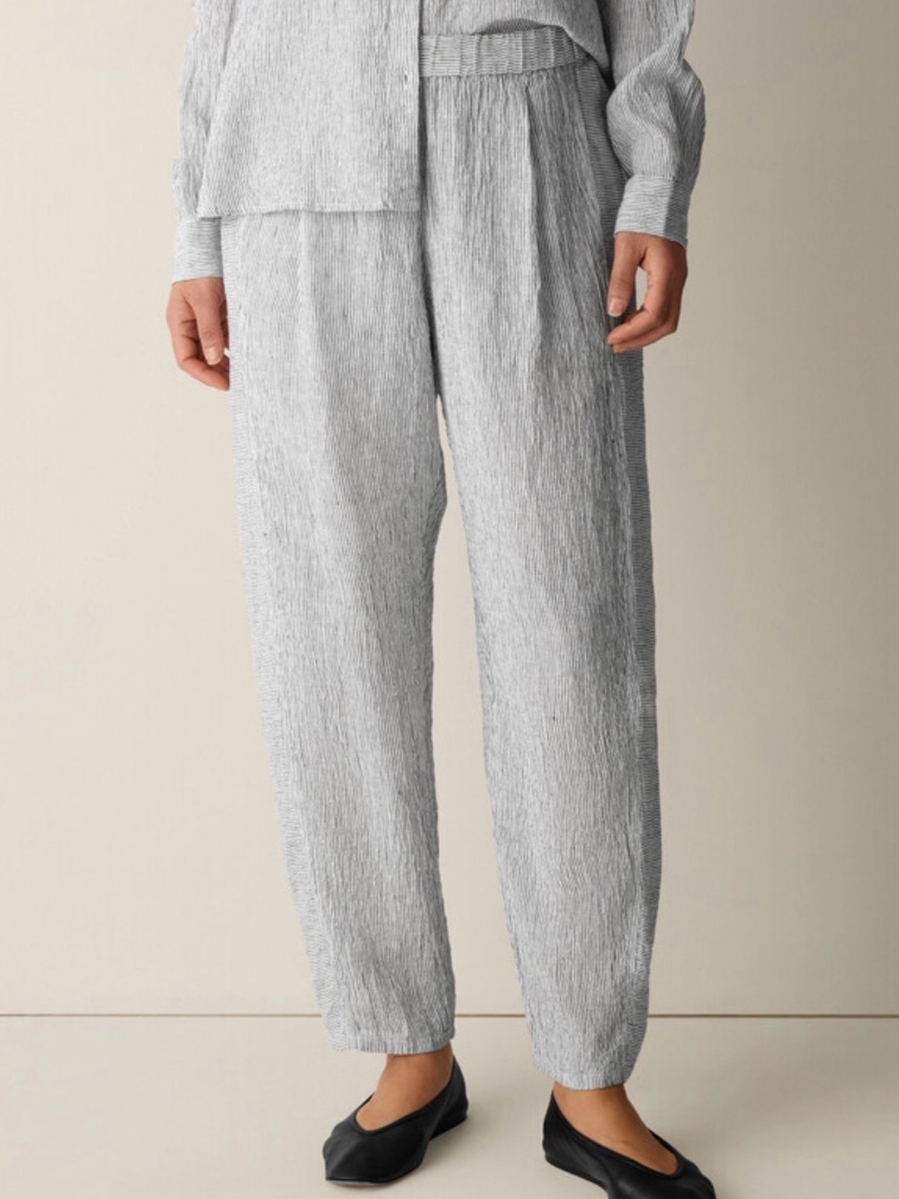 Eileen Fisher Puckered Organic Linen Stripe Lantern Ankle Pants Size L